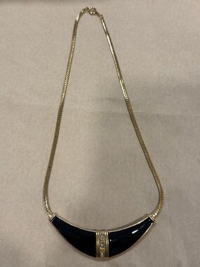 Gold Tone Black Enamel Crescent Necklace with Crystal Accents vintage 80’s style